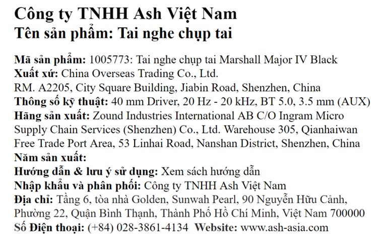 Tai nghe Bluetooth chụp tai Marshall Major IV Màu Đen