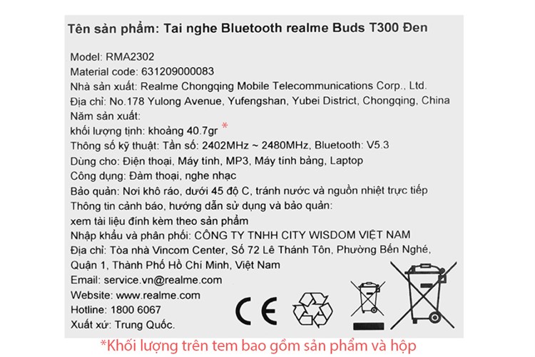 Tai nghe Bluetooth True Wireless realme Buds T300 Màu Đen