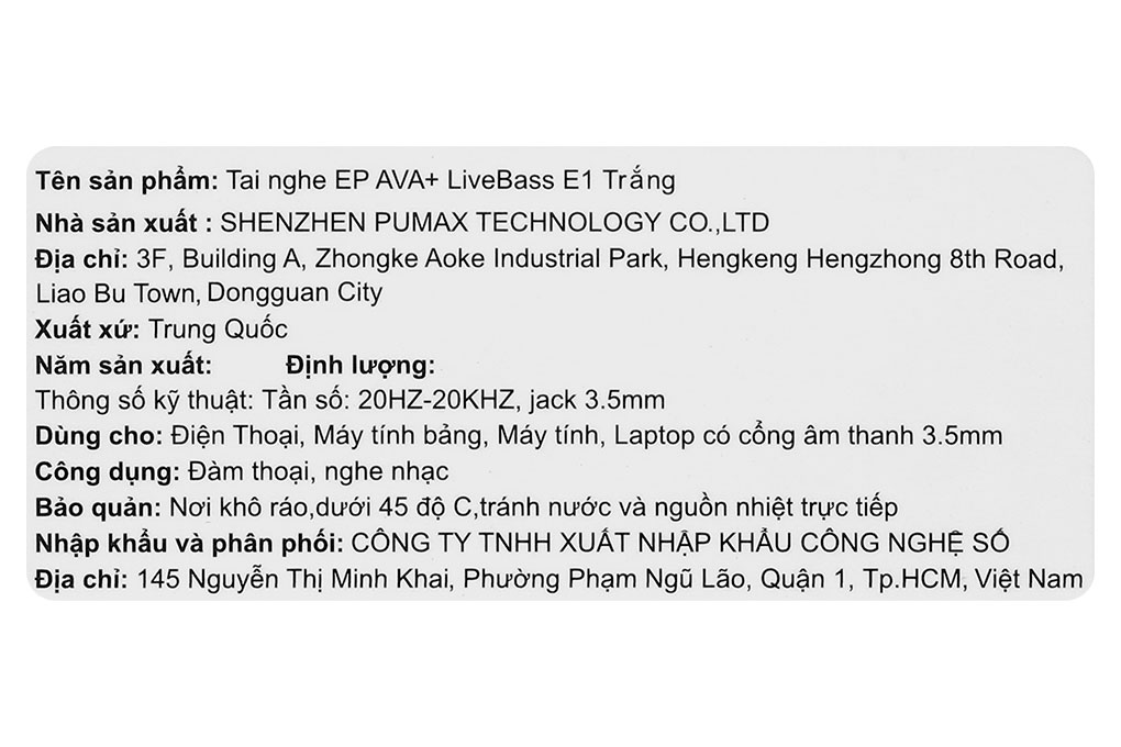 Tai nghe Có dây AVA+ LiveBass E1 Màu Trắng