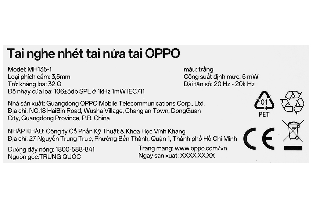 Tai nghe Có dây OPPO MH135 Màu Trắng