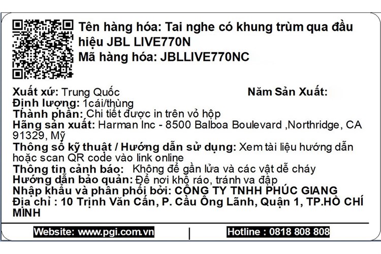 Tai nghe Bluetooth Chụp Tai JBL LIVE 770NC Màu Đen