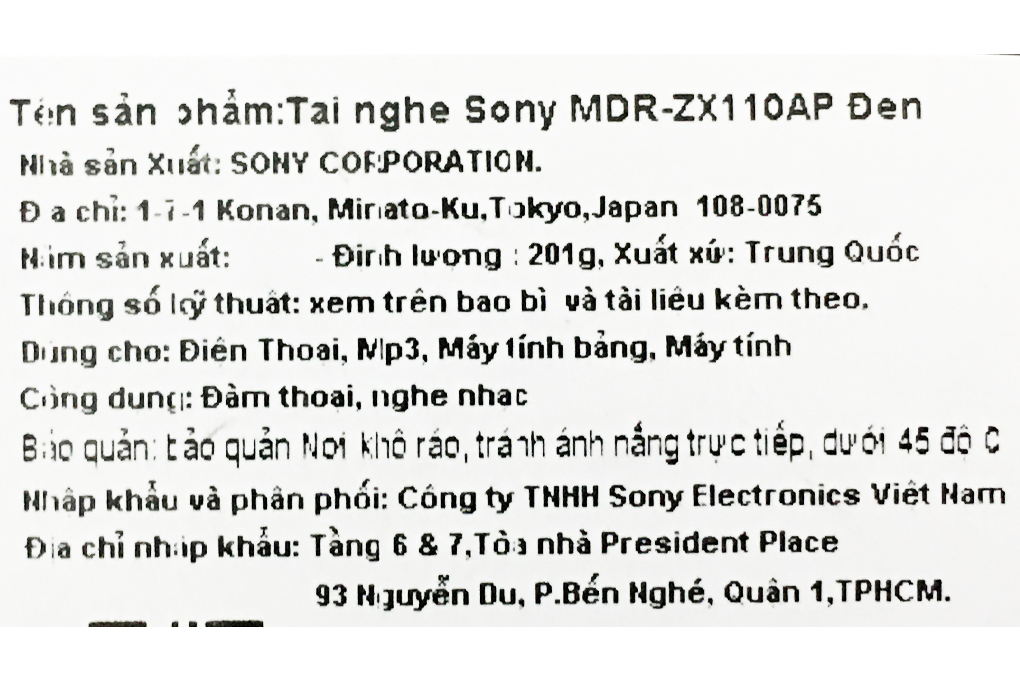 Tai nghe Chụp Tai Sony MDR-ZX110AP Màu Đen