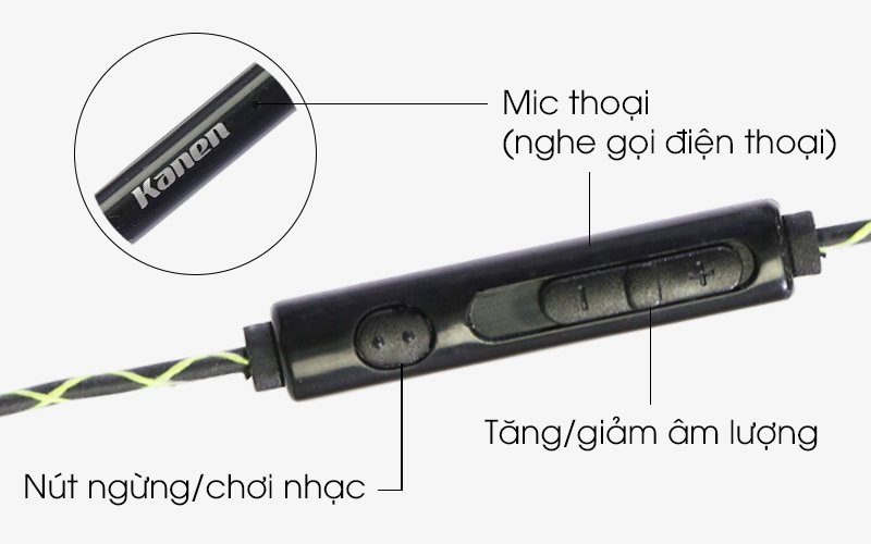 Tai nghe EP Kanen S70 Đen xanh lá - Các phím chức năng được tích hợp ngay trên thân dây
