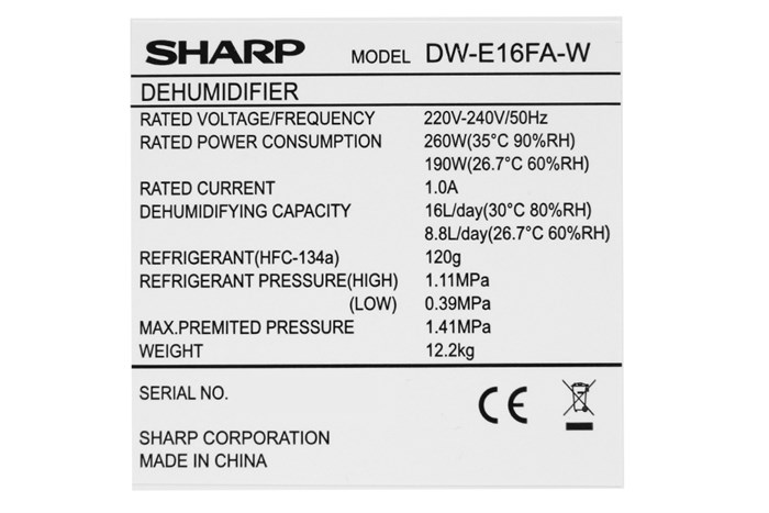 Máy lọc không khí Sharp DW-E16FA-W 190W Màu Trắng