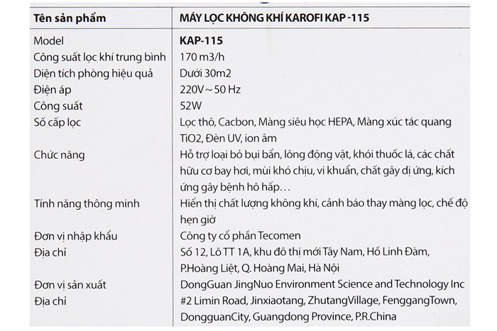 Máy lọc không khí Karofi KAP-115 Màu Trắng