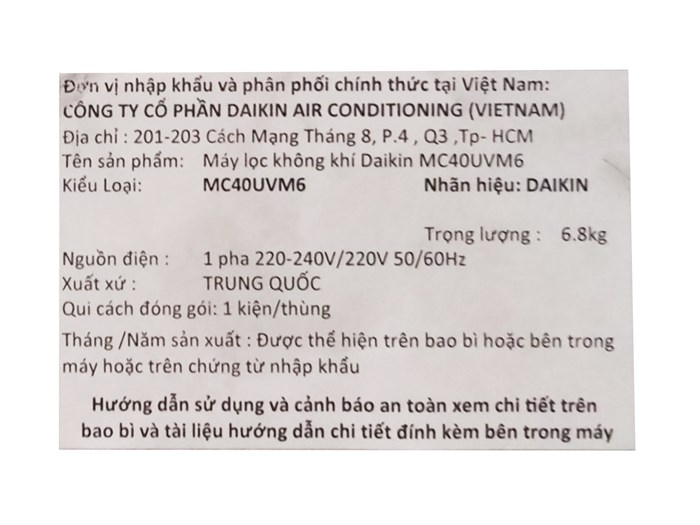 Máy lọc không khí Daikin MC40UVM6 23W Màu Trắng