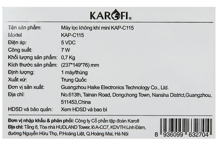 Máy lọc không khí mini Karofi KAP-C115 Màu Đen