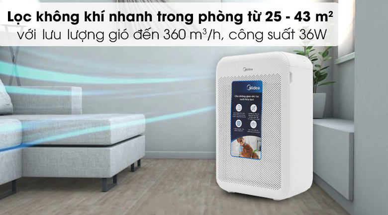 Máy lọc không khí Midea MAP-350GS1 - Lưu lượng gió thổi tối đa đến 360 m³/h, công suất hoạt động 36W