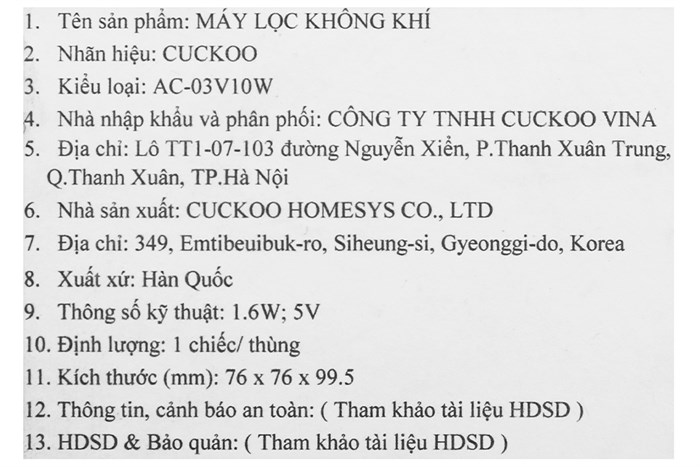 Máy lọc không khí mini Cuckoo CAC-03V10W 1.6W Màu Trắng