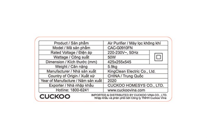 Máy lọc không khí Cuckoo CAC-G0910FN 50W Màu Trắng - Xanh