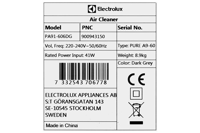 Máy lọc không khí Electrolux PA91-606DG 41W Màu Xám