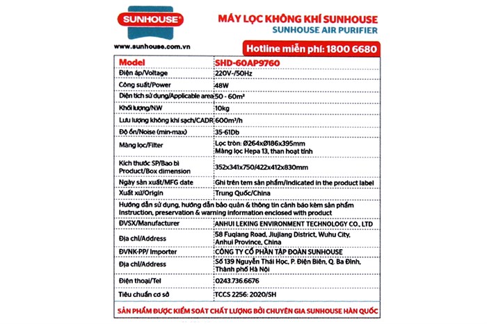 Máy lọc không khí Sunhouse SHD-60AP9760 48W Màu Trắng