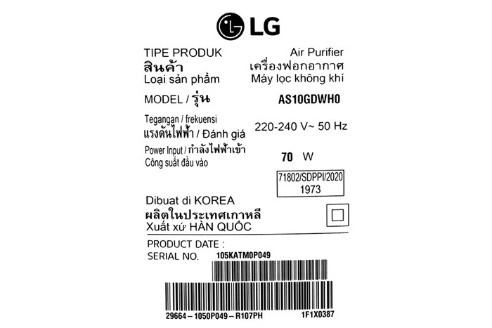 Máy lọc không khí 2 tầng LG PuriCare AS10GDWH0.ABAE 70W Màu Trắng