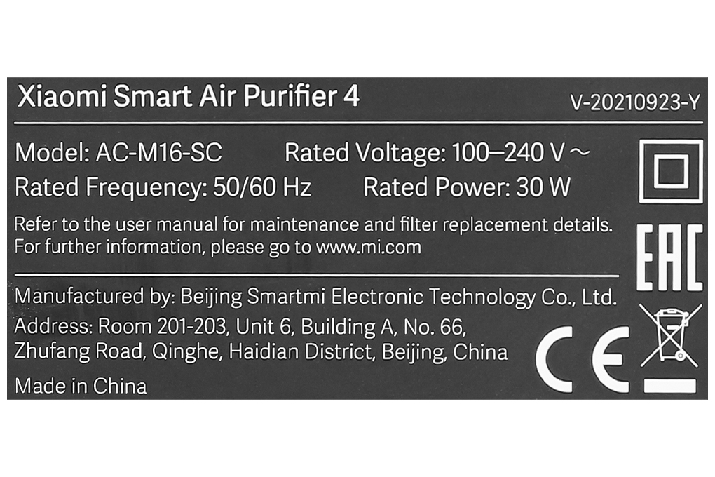Máy lọc không khí Xiaomi Smart Air Purifier 4 EU (BHR5096GL) 30W Màu Trắng