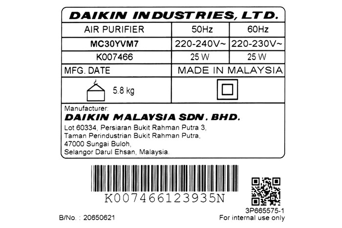 Máy lọc không khí Daikin MC30YVM7 25W Màu Trắng