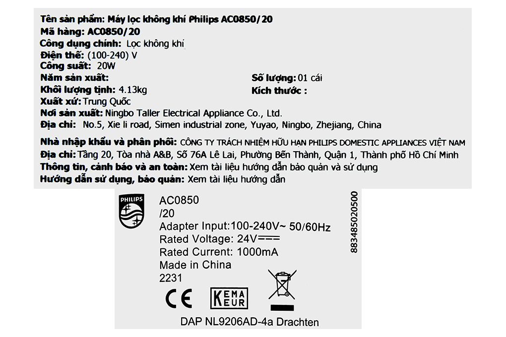 Máy lọc không khí Philips AC0850/20 20W Màu Trắng
