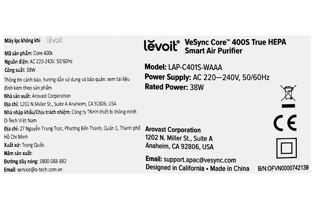 Máy lọc không khí Levoit Core 400s 38W Màu Trắng
