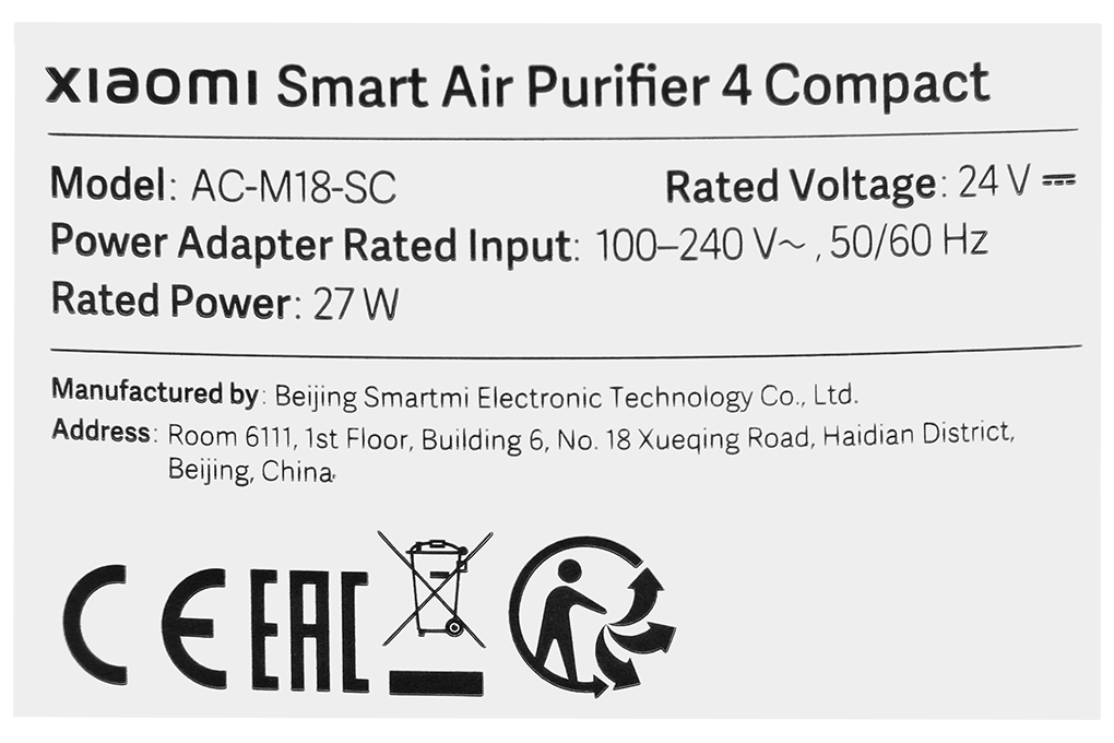 Máy lọc không khí Xiaomi Smart Air Purifier 4 compact EU (BHR5860EU) 27W Màu Trắng