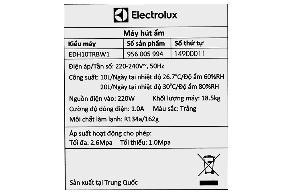 Máy hút ẩm Electrolux EDH10TRBW1 Màu Trắng