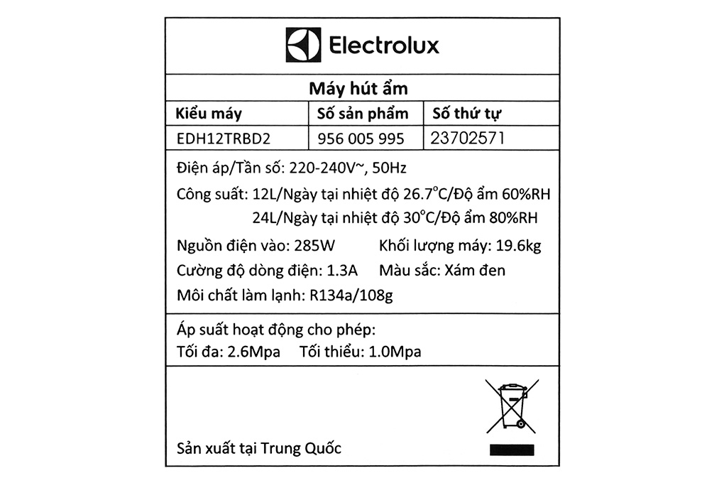 Máy hút ẩm Electrolux EDH12TRBD2 Màu Xám đậm