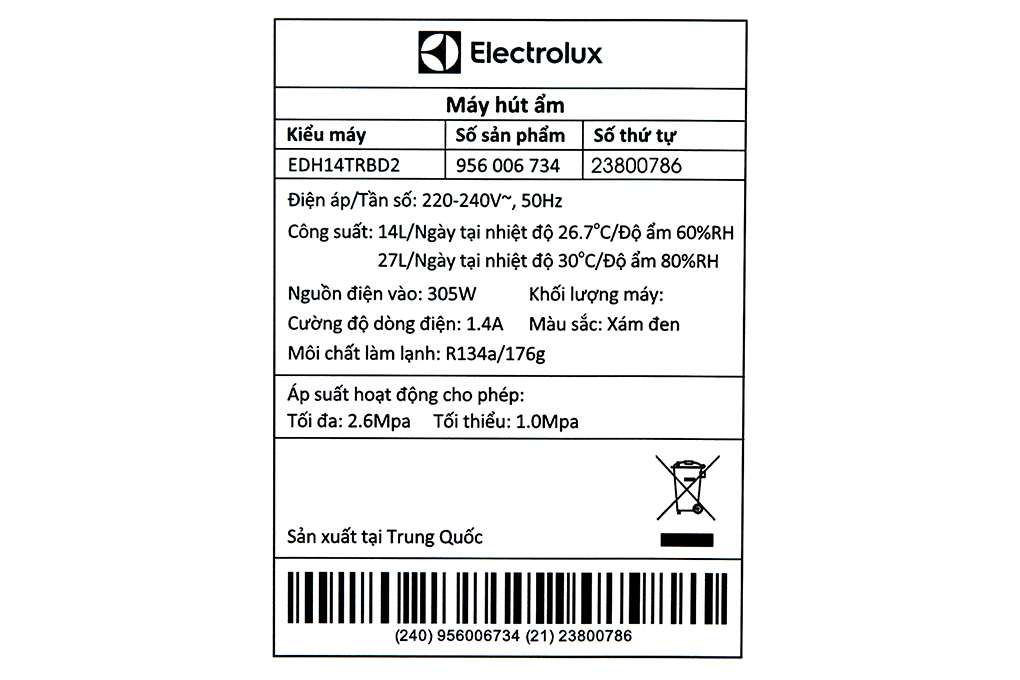 Máy hút ẩm Electrolux EDH14TRBD2 Màu Xám đậm