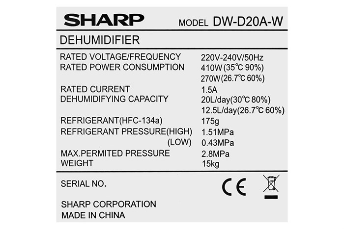 Máy hút ẩm Sharp DW-D20A-W Màu Trắng