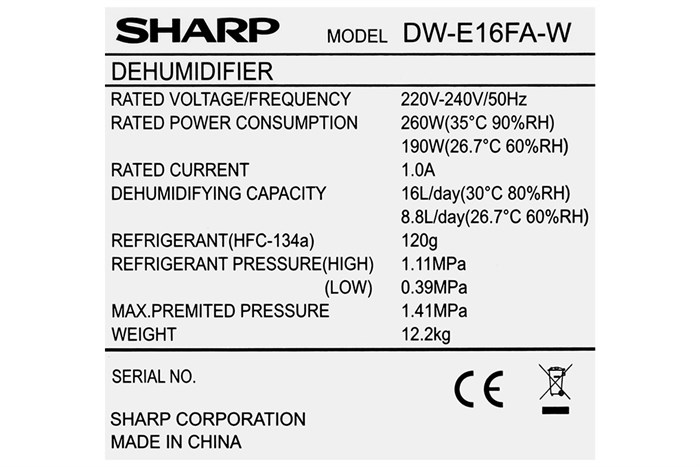 Máy hút ẩm Sharp DW-E16FA-W Màu Trắng