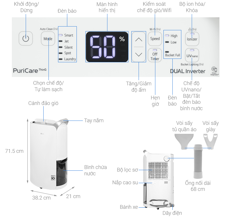 Máy hút ẩm LG Dual Inverter 16L MD16GQSE0.ABAE