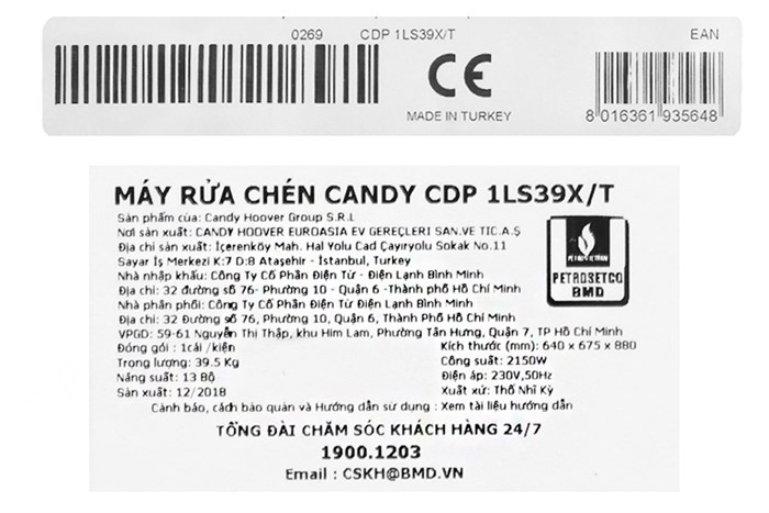Máy rửa chén Candy CDP 1LS39X/T 2150W