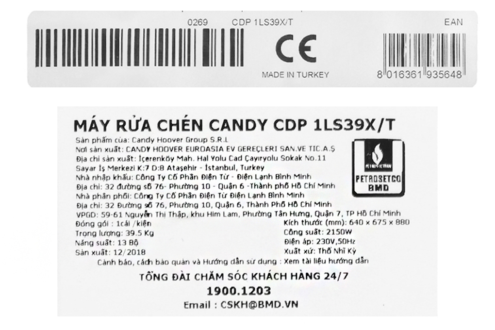 Máy rửa chén Candy CDP 1LS39X/T 2150W