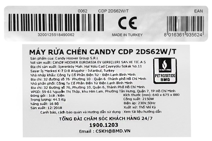 Máy rửa chén Candy CDP 2DS62W/T 2150W
