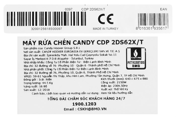 Máy rửa chén Candy CDP 2DS62X/T 2150W