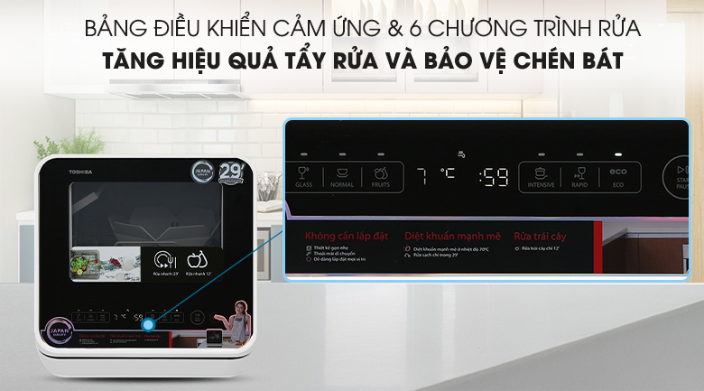 Dễ dùng với 6 chương trình rửa - Máy rửa chén mini Toshiba DWS-22AVN K 730W
