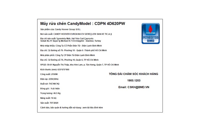 Máy rửa bát độc lập Có Sấy Candy CDPN 4D620PW