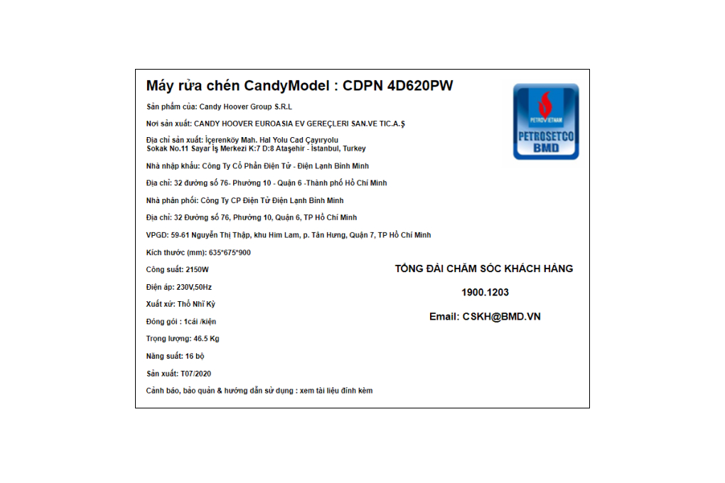 Máy rửa chén độc lập Có Sấy Candy CDPN 4D620PW