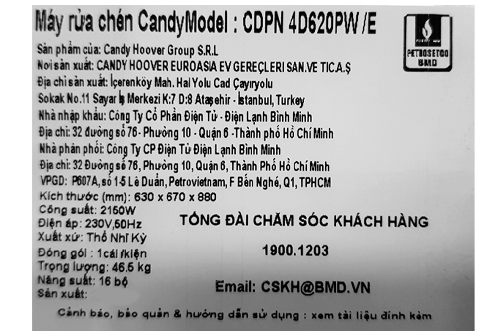 Máy rửa chén độc lập Có Sấy Candy CDPN 4D620PW