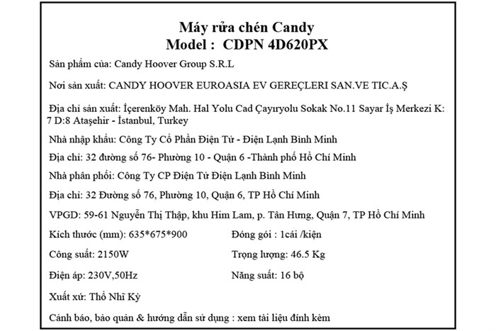 Máy rửa chén độc lập Có Sấy Candy CDPN 4D620PX