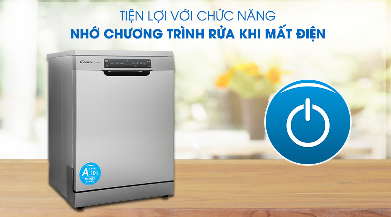  Tự nhớ chương trình rửa sau khi cúp điện - Máy rửa chén Candy CDPN 4D620PX 2150W 