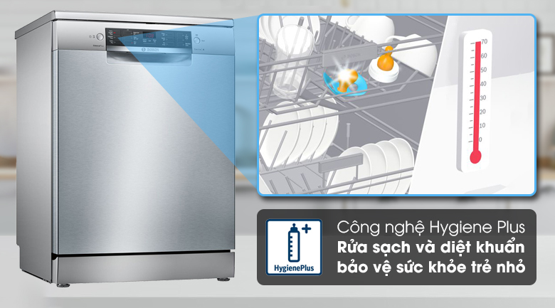 Máy rửa chén Bosch SMS46MI01G 2400W với công nghệ Hygiene Plus giúp diệt khuẩn, bảo vệ sức khỏe cho trẻ nhỏ