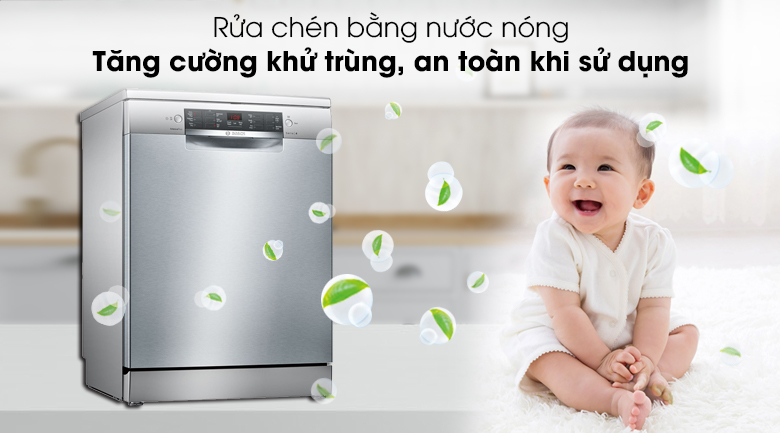 Máy rửa chén Bosch SMS46MI01G 2400W sử dụng nước nóng diệt khuẩn, loại bỏ vết dầu mỡ