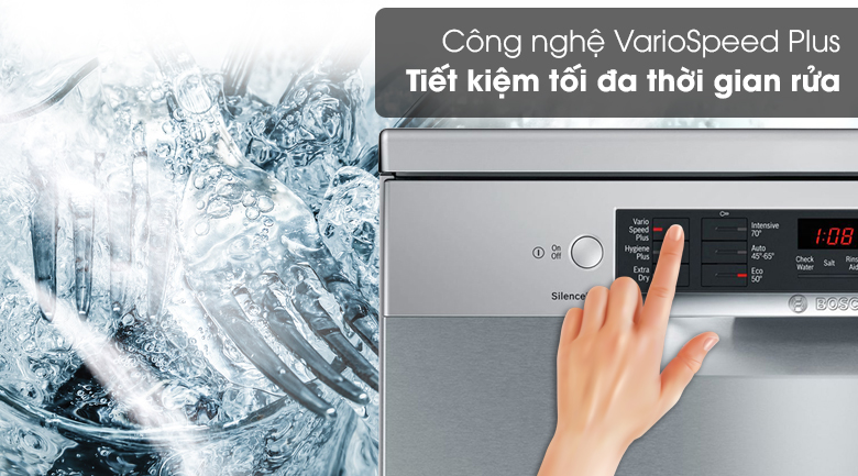 Máy rửa chén Bosch SMS46MI01G 2400W với công nghệ VarioSpeed Plus giúp giảm 65% thời gian rửa chén