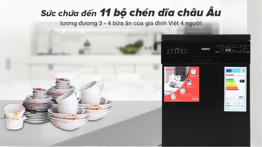 Sức chứa lên đến 11 bộ chén đĩa châu Âu - Máy rửa chén Galanz W45A3A401S-0E1(B) 1850W