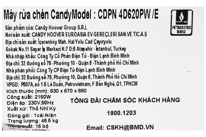 Máy rửa chén độc lập Candy CDPN 4D620PW/E Màu Trắng