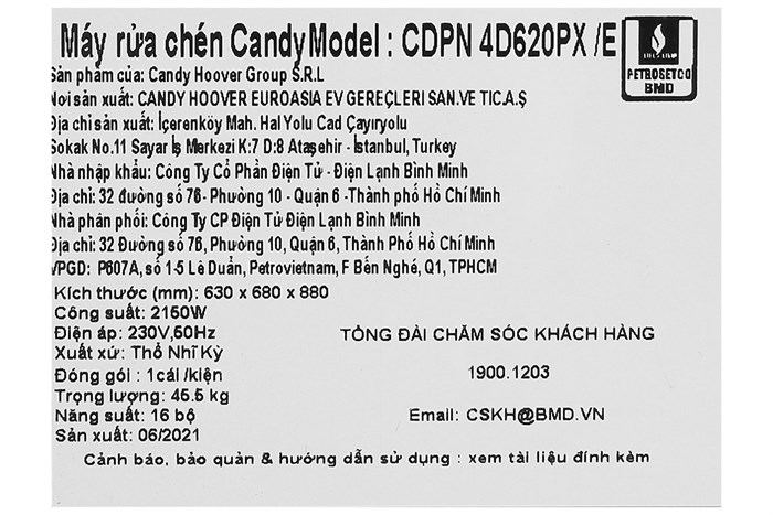 Máy rửa chén độc lập Candy CDPN 4D620PX/E Màu Inox