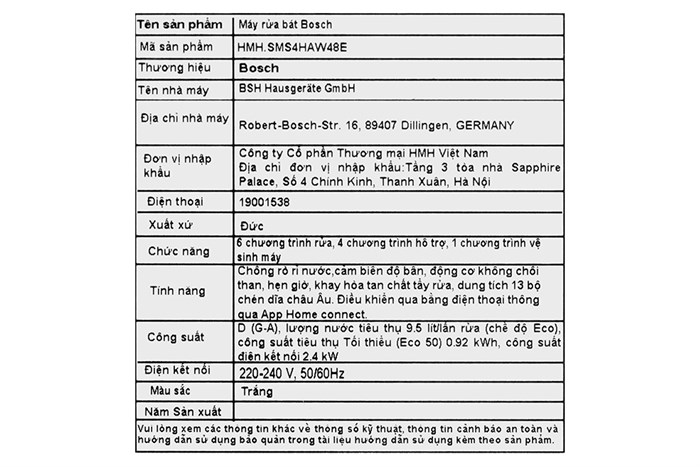 Máy rửa chén độc lập Bosch SMS4HAW48E Màu Trắng
