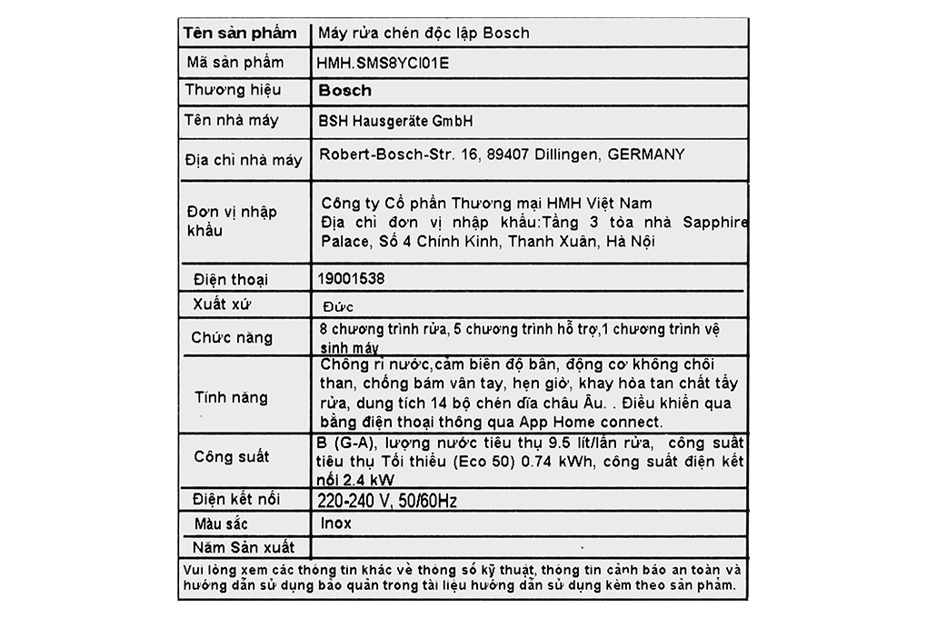 Máy rửa chén độc lập Bosch SMS8YCI01E Màu Bạc