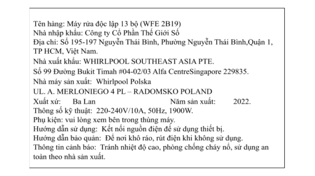 Máy rửa chén độc lập Whirlpool WFE 2B19 giá rẻ