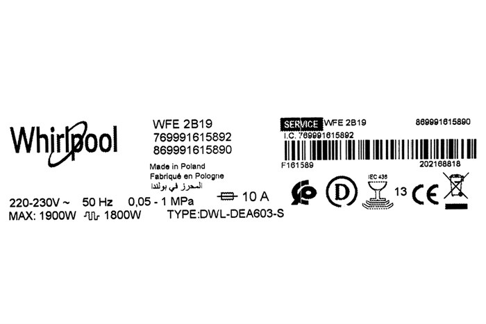 Máy rửa chén độc lập Whirlpool WFE 2B19 Màu Trắng