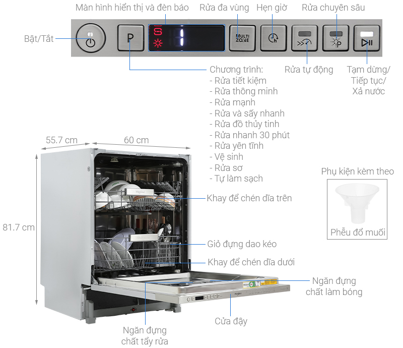 Máy rửa chén âm tủ Whirlpool WIO 3T133P