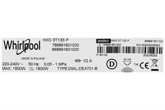 Máy rửa chén âm tủ Whirlpool WIO 3T133P Màu Trắng